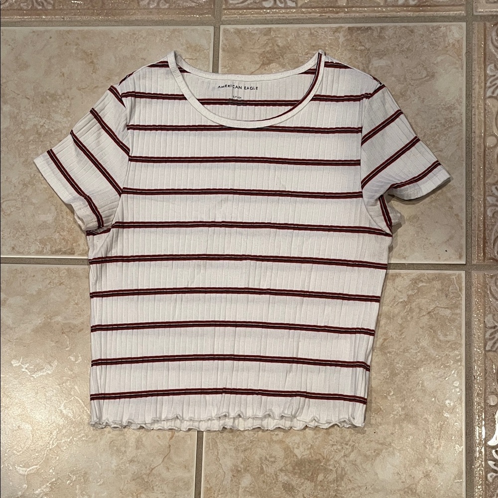 American Eagle Outfitters White and Red Striped Short Sleeve Tee